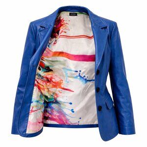 Vintage DANIER Leather Vibrant Blue Lined Paint Splatter Blazer Button Jacket L